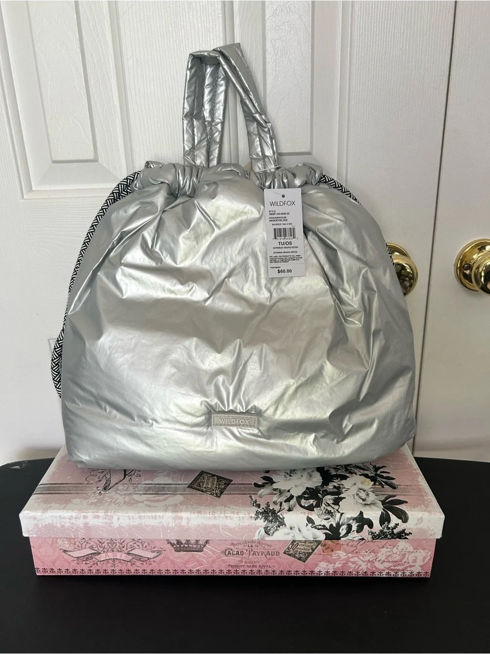 Wildfox Metallic Silver Puffer Tote with Patterned Rope Handles